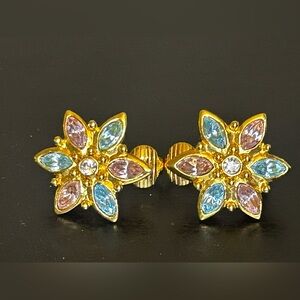 Gold Floral Earrings with Pink and Blue Accents